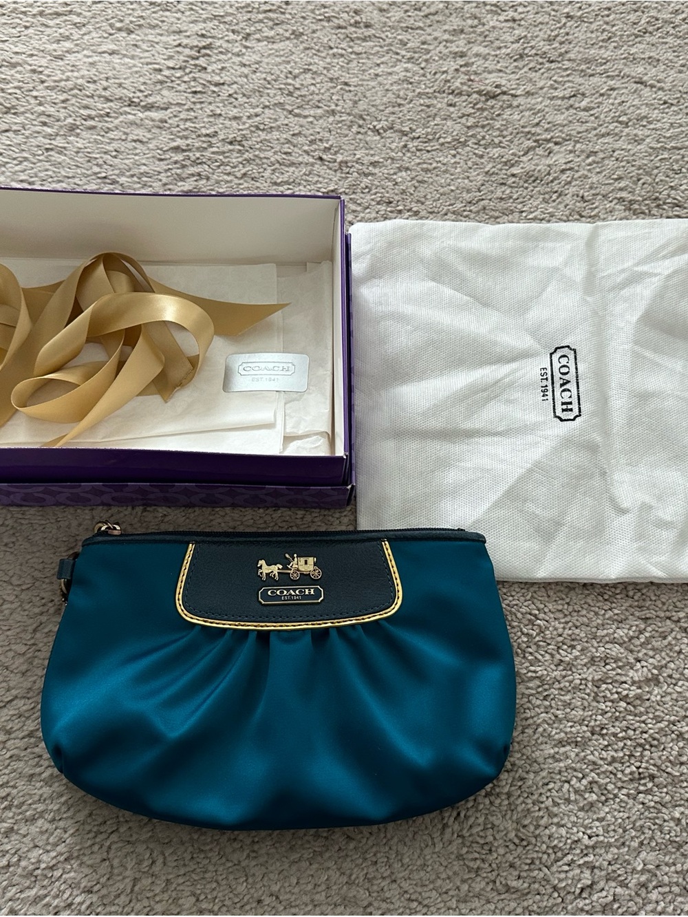 COACH Teal Satin Wristlet with Gold Trim